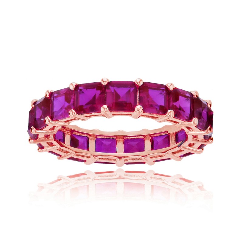 Red Princess Cut Cubic Zirconia Eternity Band in 14k Rose Gold Plated Sterling Silver