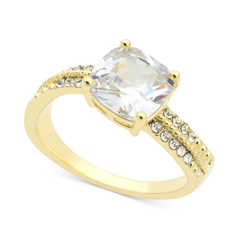 Gold-Tone Cushion-Cut Crystal Ring