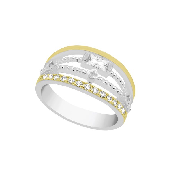 Cubic Zirconia Multi Row Band Ring Two Tone Silver Plate