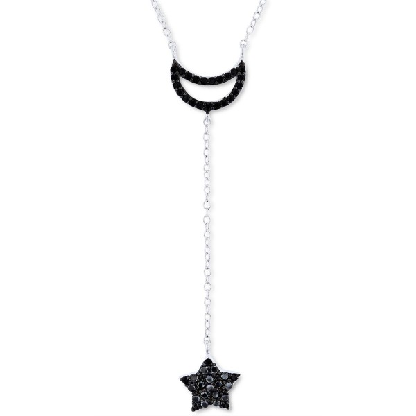 Black Spinel Moon & Star Lariat Necklace in Sterling Silver, 16