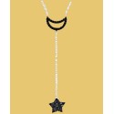 Black Spinel Moon & Star Lariat Necklace in Sterling Silver, 16