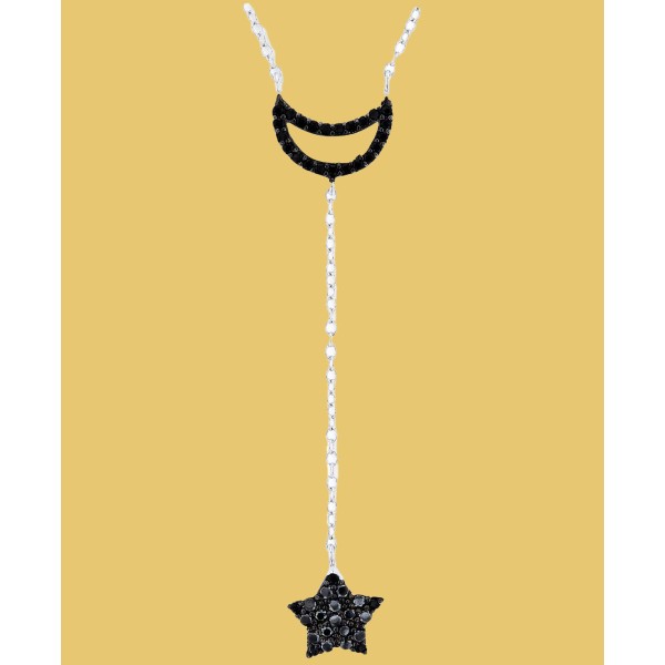 Black Spinel Moon & Star Lariat Necklace in Sterling Silver, 16