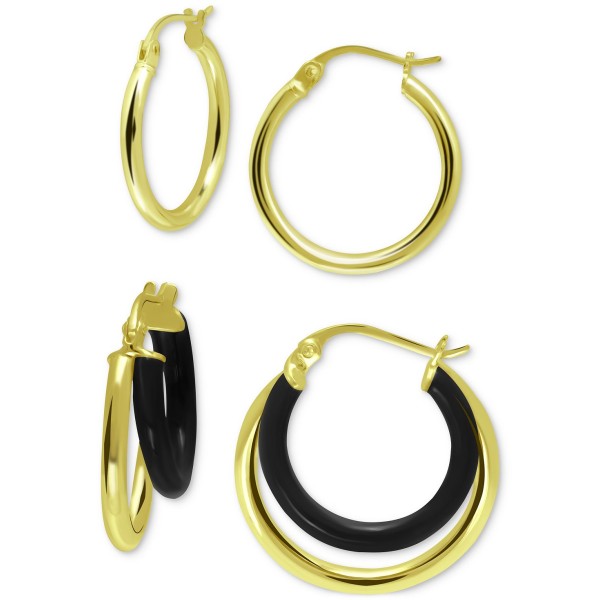 2-Pc. Set Polished and Black Enamel Small Hoop Earrings