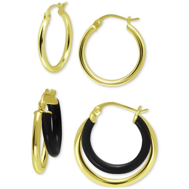 2-Pc. Set Polished and Black Enamel Small Hoop Earrings