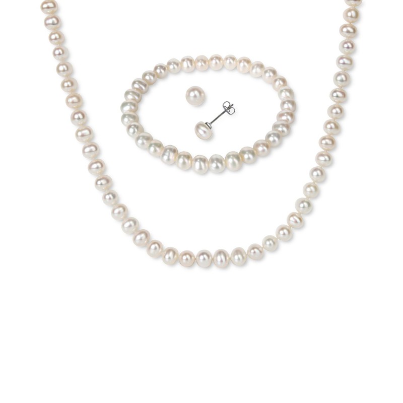 3-Pc. Set Cultured Freshwater Pearl (6-7mm) Bracelet, Necklace & Stud Earrings