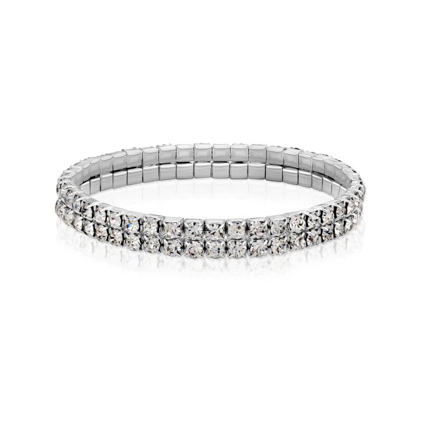 Silver-Tone Clear Crystal 2-Row Rhinestone Stretch Bracelet