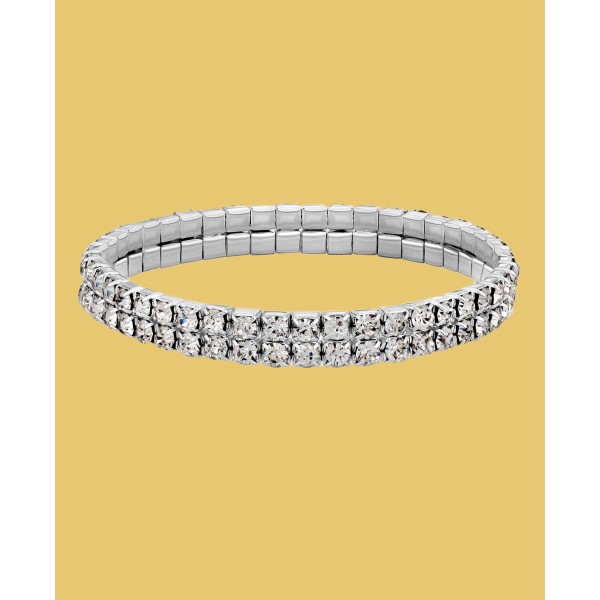 Silver-Tone Clear Crystal 2-Row Rhinestone Stretch Bracelet