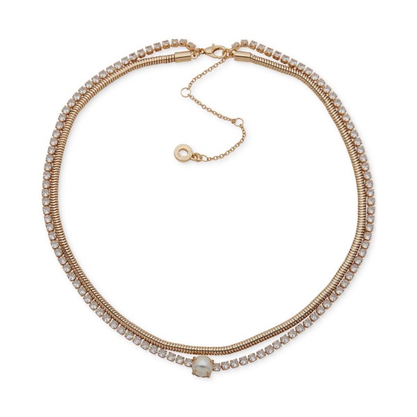 Gold-Tone Cubic Zirconia & Imitation Pearl Layered Collar Necklace, 16