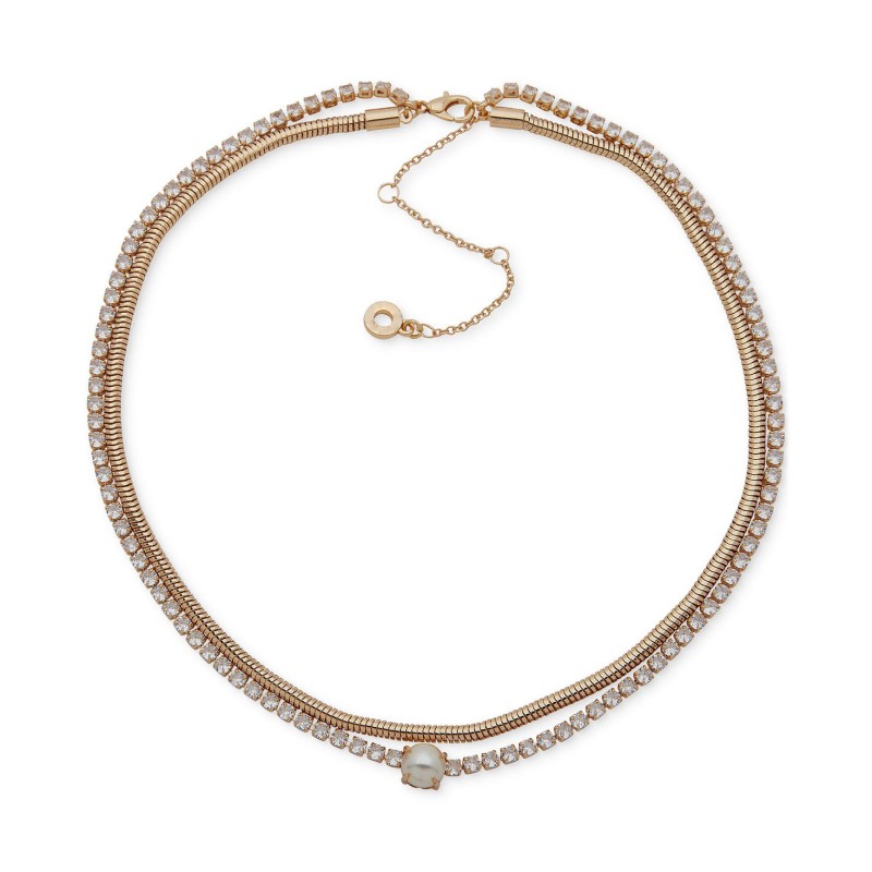 Gold-Tone Cubic Zirconia & Imitation Pearl Layered Collar Necklace, 16