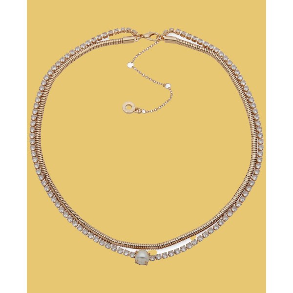 Gold-Tone Cubic Zirconia & Imitation Pearl Layered Collar Necklace, 16