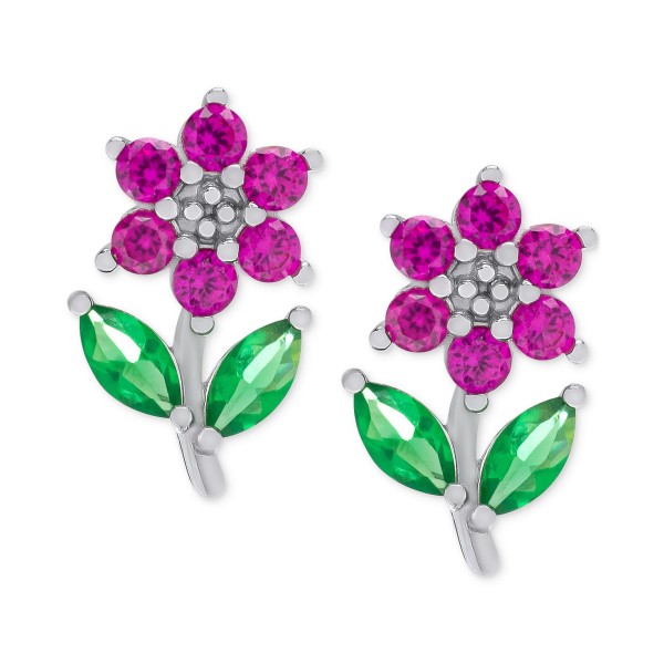 Pink Sapphire (5/8 ct. t.w.) & Green Crystal Flower Stud Earrings in Sterling Silver