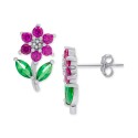 Pink Sapphire (5/8 ct. t.w.) & Green Crystal Flower Stud Earrings in Sterling Silver
