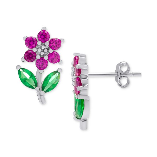 Pink Sapphire (5/8 ct. t.w.) & Green Crystal Flower Stud Earrings in Sterling Silver