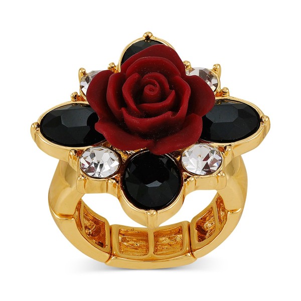 Gold-Tone Jet Stone & Burgundy Flower Stretch Statement Ring