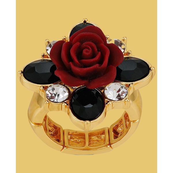 Gold-Tone Jet Stone & Burgundy Flower Stretch Statement Ring