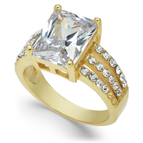 Gold Plate Emerald-Cut Crystal Triple-Row Ring