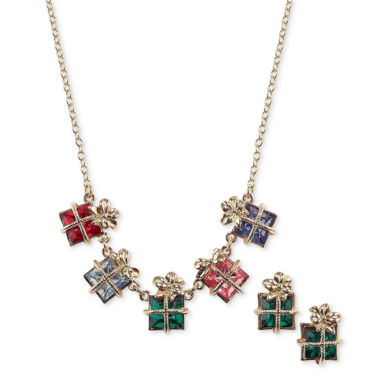 Gold-Tone Multicolor Stone Present Statement Necklace & Stud Earrings Set