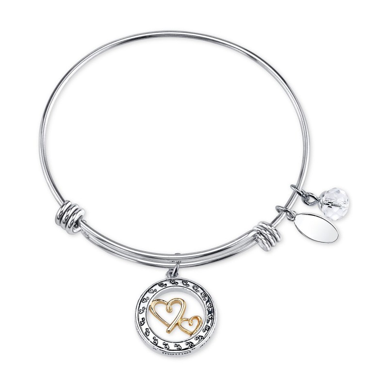 Two-Tone Double Heart Mother Daughter Charm Bangle Bracelet in Stainless Steel with Silver Plated Charms