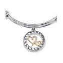 Two-Tone Double Heart Mother Daughter Charm Bangle Bracelet in Stainless Steel with Silver Plated Charms
