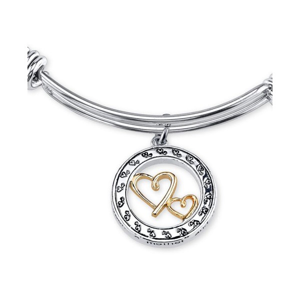 Two-Tone Double Heart Mother Daughter Charm Bangle Bracelet in Stainless Steel with Silver Plated Charms