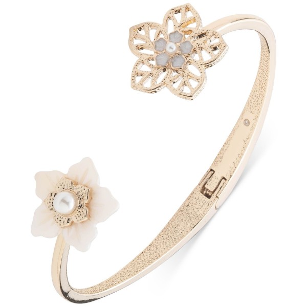 Gold-Tone Mother of Pearl & Imitation Pearl Flower Cuff Bangle Bracelet