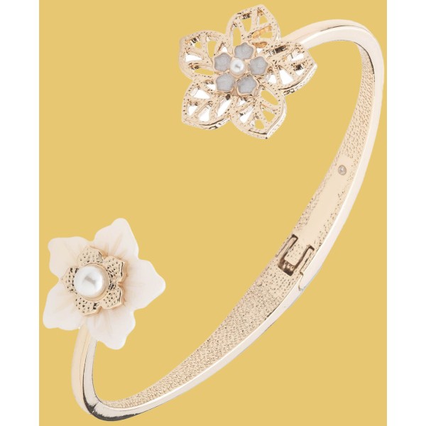 Gold-Tone Mother of Pearl & Imitation Pearl Flower Cuff Bangle Bracelet