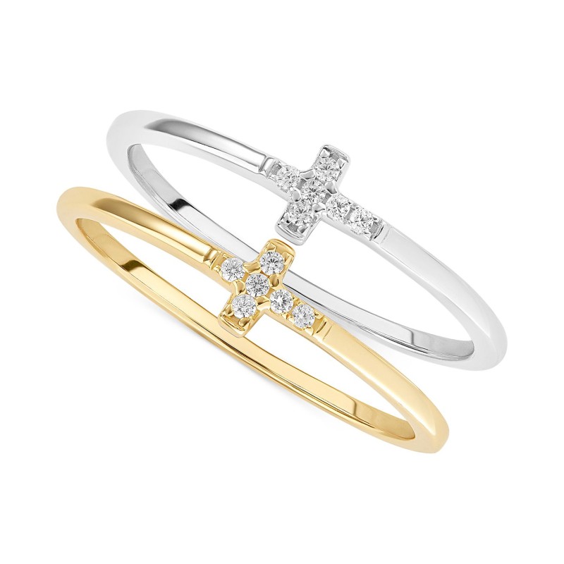 2-Pc. Set Cubic Zirconia Two-Tone Cross Ring Set in Sterling Silver & 18k Gold-Plate