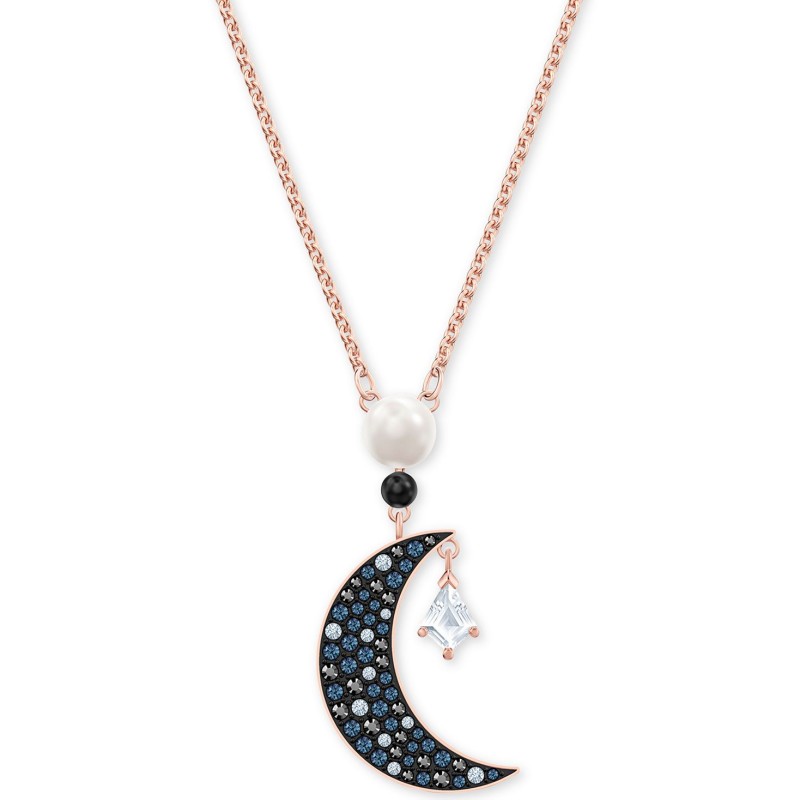 Rose Gold-Tone Imitation Pearl & Crystal Moon Pendant Necklace, 15-5/8
