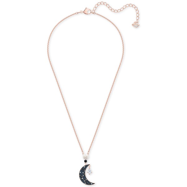 Rose Gold-Tone Imitation Pearl & Crystal Moon Pendant Necklace, 15-5/8