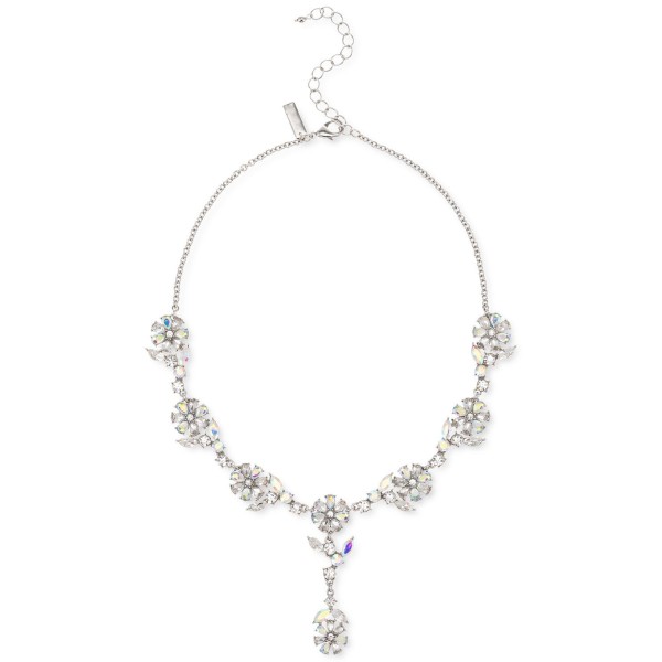 Silver-Tone Crystal Zinnia Flower Lariat Necklace, 17