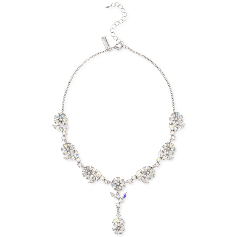 Silver-Tone Crystal Zinnia Flower Lariat Necklace, 17
