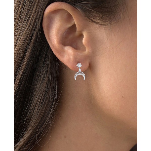 Cubic Zirconia Star & Crescent Moon Drop Earrings in Sterling Silver