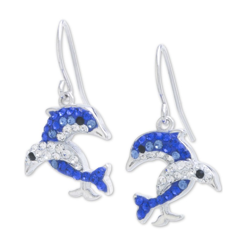 Crystal Dolphin Drop Earrings in Sterling Silver