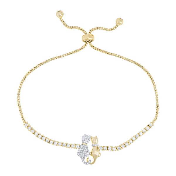 Cubic Zirconia Double Cat Adjustable Bracelet in Fine Gold Plate