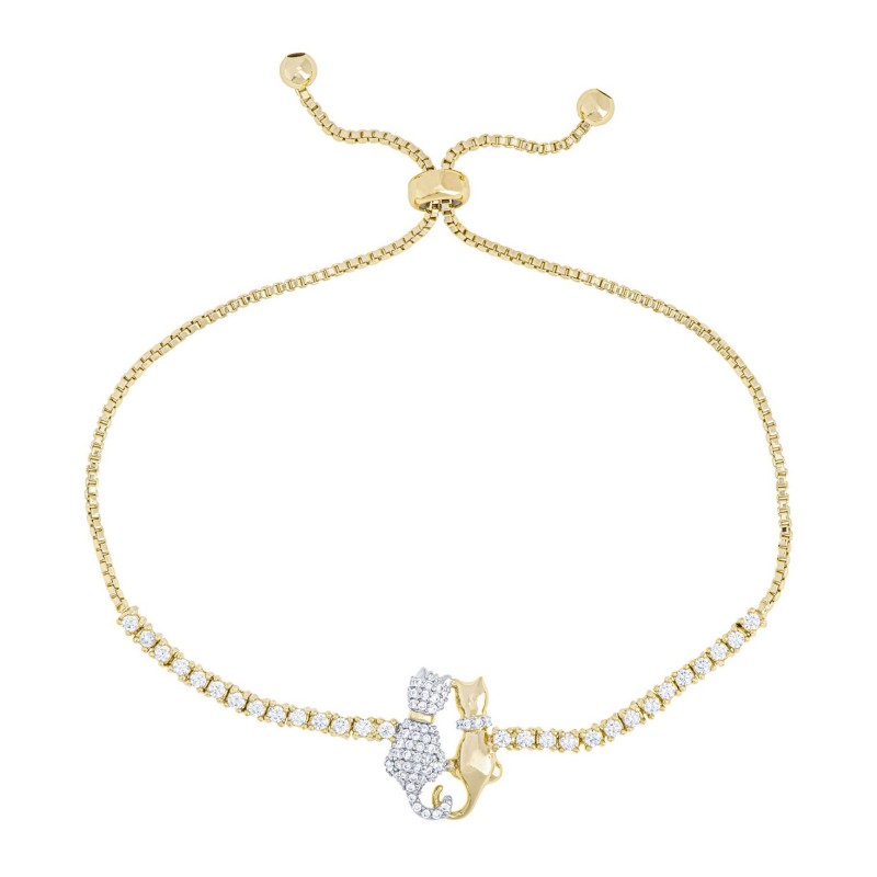 Cubic Zirconia Double Cat Adjustable Bracelet in Fine Gold Plate