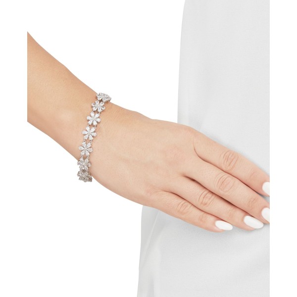 Cubic Zirconia Flower Cluster Link Bracelet in Sterling Silver