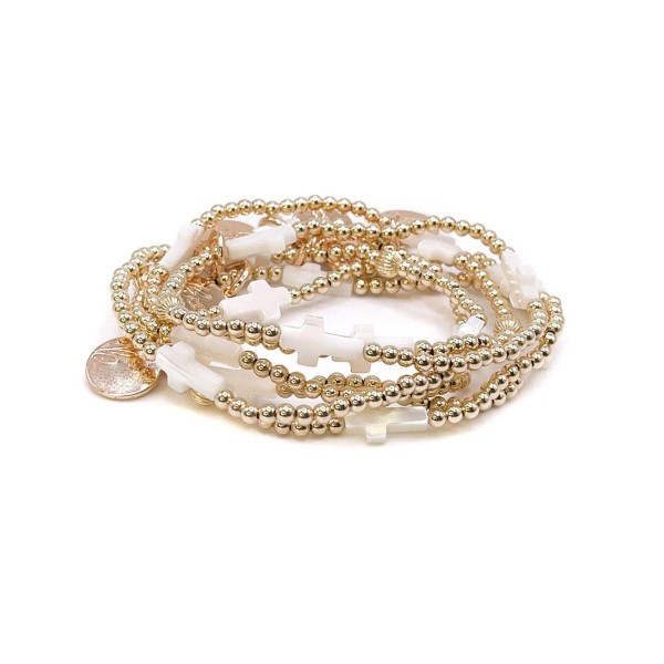 Non-Tarnishing Gold filled, 3mm Gold Ball and Mother Of Pearl Cross Stretch Bracelet