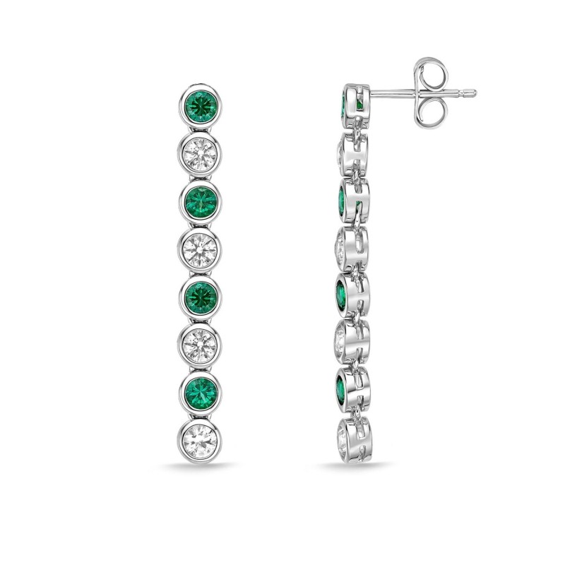 Created Emerald and Created White Sapphire Bezel Set Drop Earrings in Sterling Silver