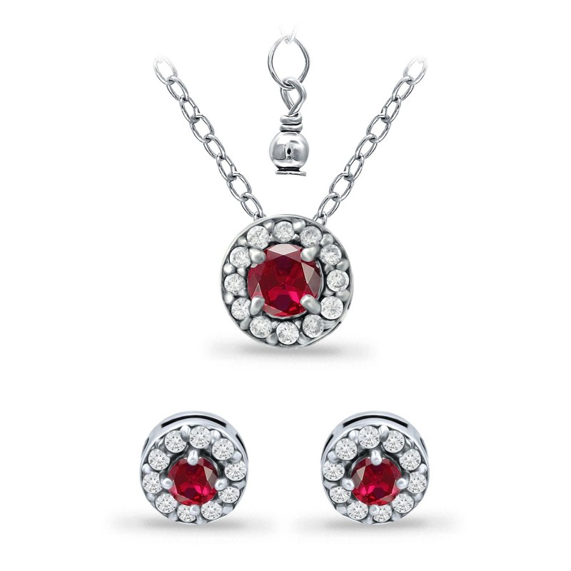 Ruby and Cubic Zirconia Halo Pendant and Earring Set, 3 Piece