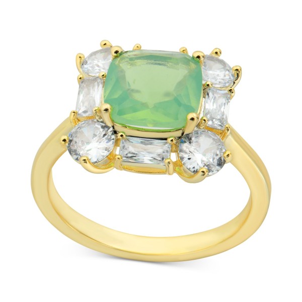 Gold-Tone Cubic Zirconia & Green Crystal Cushion-Cut Statement Ring