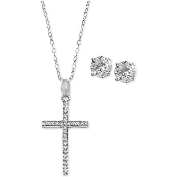 Cubic Zirconia Cross Pendant Necklace and Stud Earrings Set