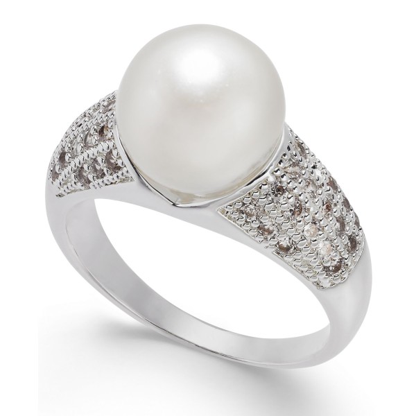 Fine Silver Plate Pavé & Imitation Pearl Ring