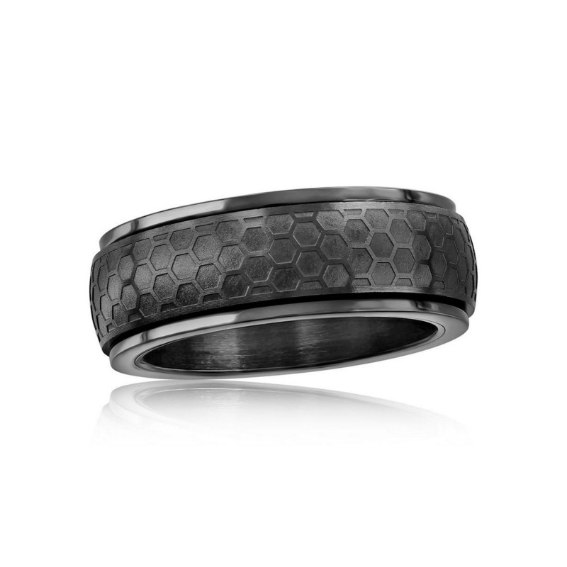 Stainless Steel Honey Comb Design Spinner Ring - Black Plated