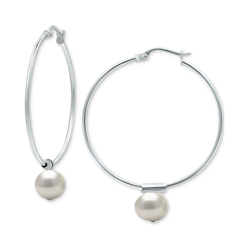 Cultured Freshwater Pearl Wire Hoop Earrings in Sterling Silver