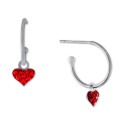 Red Crystal Heart Dangle Hoop Earrings in Sterling Silver