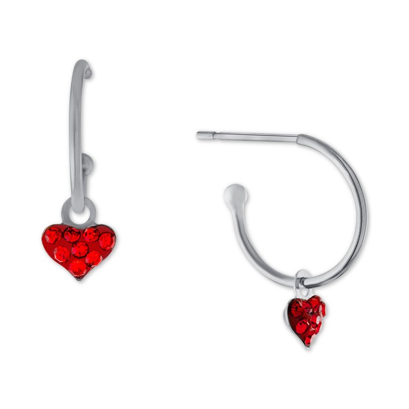 Red Crystal Heart Dangle Hoop Earrings in Sterling Silver