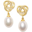 Cultured Freshwater Pearl (7 x 9mm) and Cubic Zirconia Knot Earring in 18k Gold over Sterling Silver.