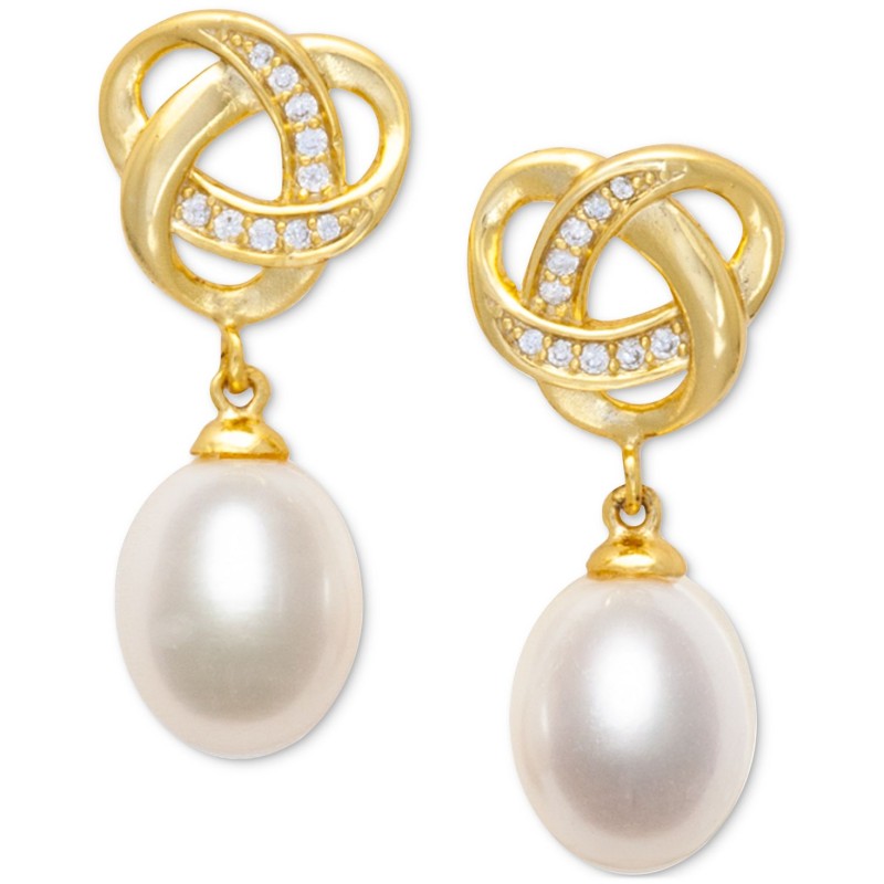 Cultured Freshwater Pearl (7 x 9mm) and Cubic Zirconia Knot Earring in 18k Gold over Sterling Silver.