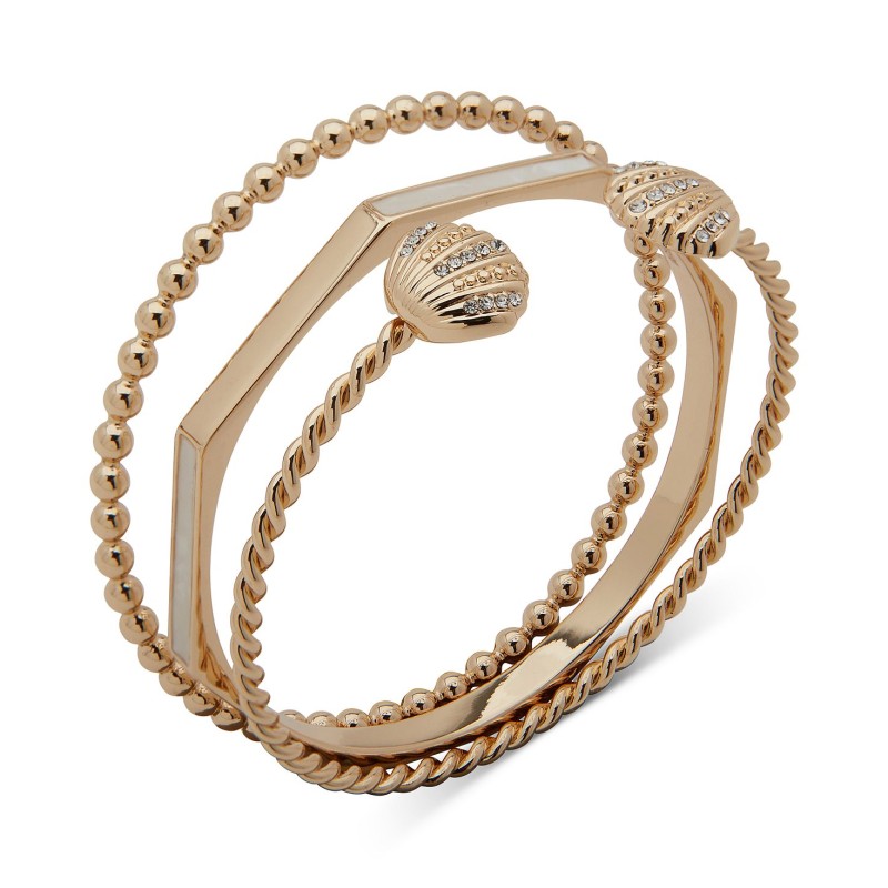 Gold-Tone 3-Pc. Set Mother of Pearl, Crystal & Bead Bangle Bracelets