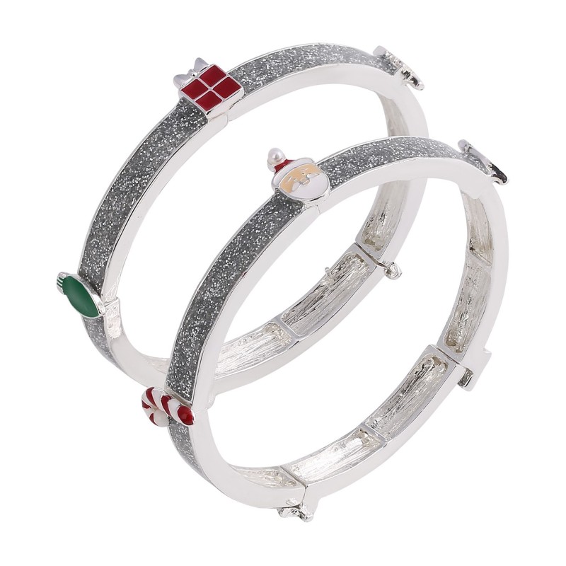 Silver-Tone 2-Pc. Set Christmas Glitter Stretch Bracelets